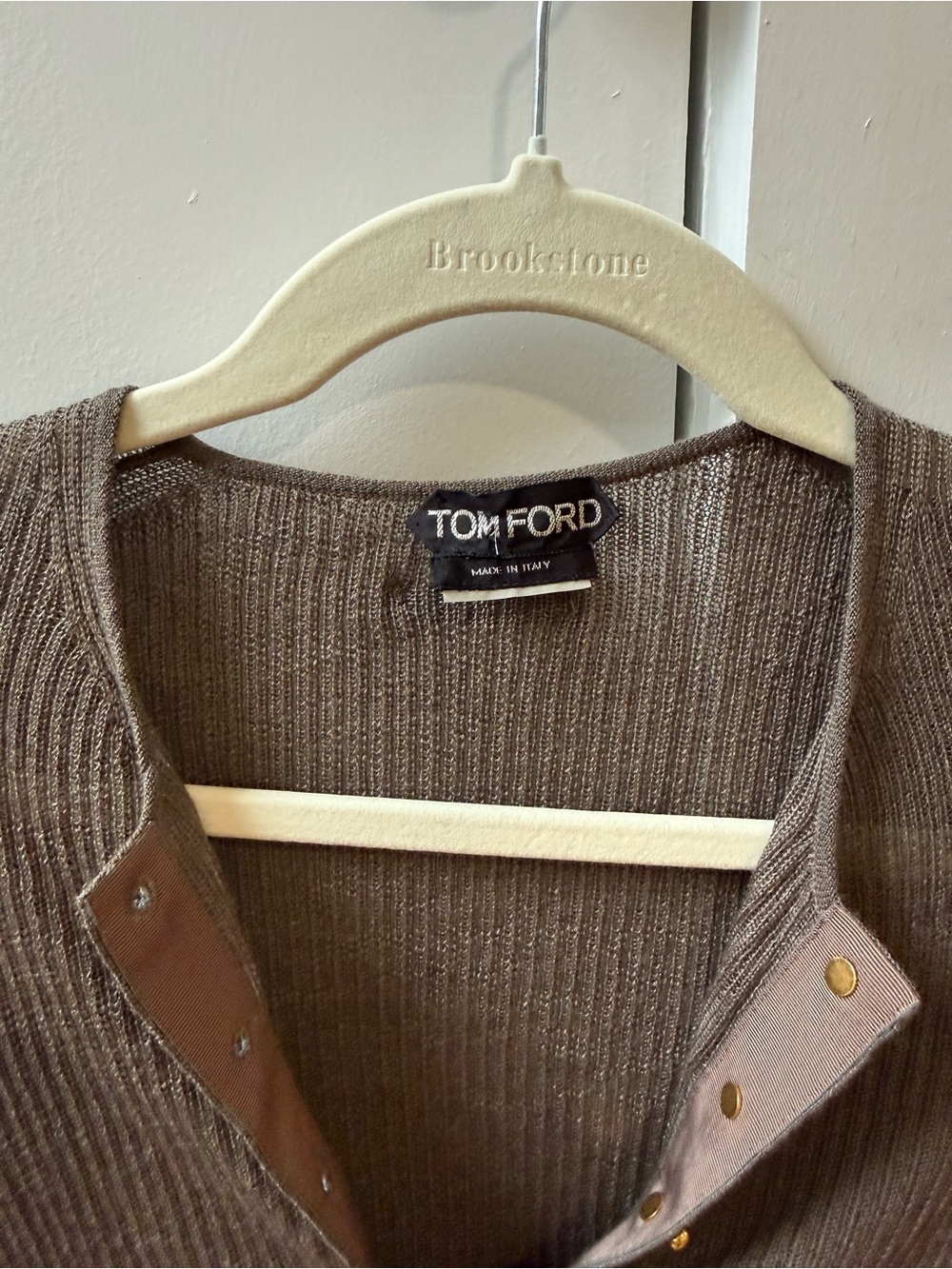 Tom Ford Brown/Grey Ribbed Long-Sleeve Snap Placket Top - Picture 2 of 4